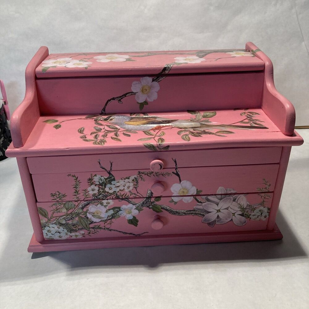 Hand Painted Wood Jewelry Box Pink Jewelry Box Floral Jewelry Box